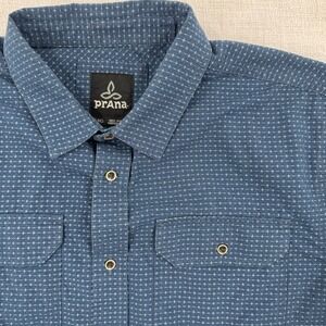Prana Mens L Blue Geometric Cross Print Short Sleeve Button Down Shirt